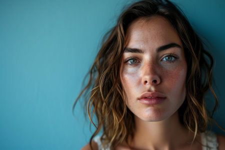 a woman with freckles on her faceの素材