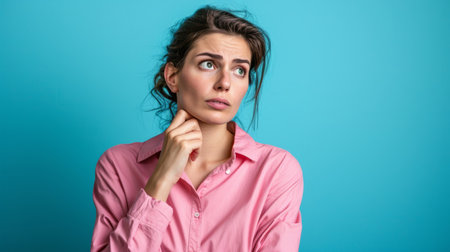 a woman in a pink shirt is thinking about something on a blue backgroundの素材