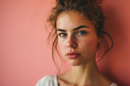 a woman with freckles on her face looking at the cameraの素材
