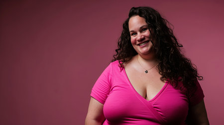 a woman in a pink shirt smiling at the cameraの素材