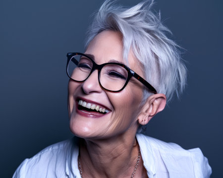 a woman with glasses and a white shirt smilingの素材