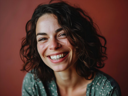 a woman with curly hair smiling at the cameraの素材