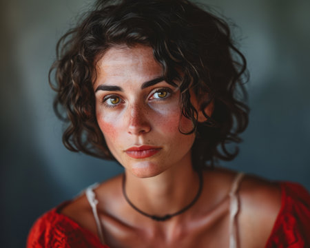 a woman with curly hair in a red dressの素材