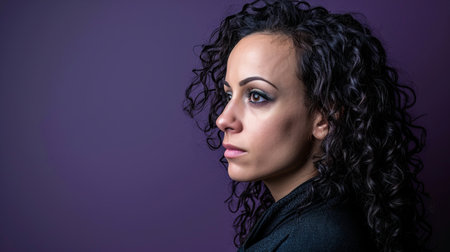 a woman with curly hair looking off to the sideの素材