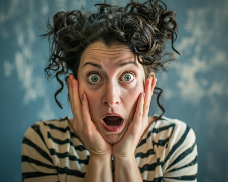 a woman with curly hair is making a surprised faceの素材