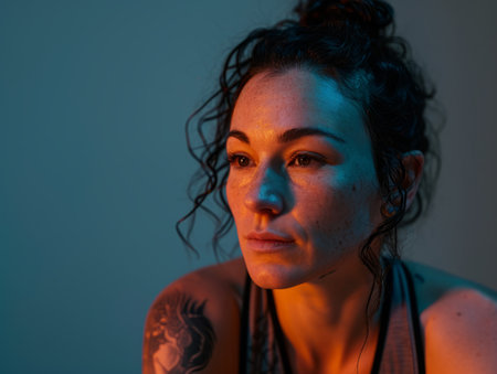 a woman with a tattoo on her arm sitting in front of a blue lightの素材