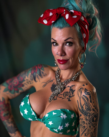 a woman with blue hair and tattoos posing for the cameraの素材