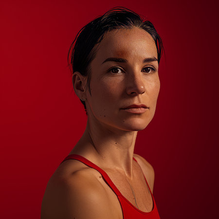 a woman wearing a red tank topの素材