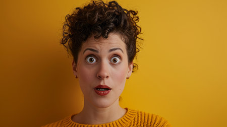 a woman with curly hair looking surprised on a yellow backgroundの素材