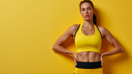 a woman in yellow sports gear posing against a yellow backgroundの素材