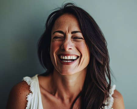 a woman is laughing and smiling in front of a gray wallの素材