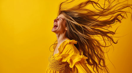 a woman in a yellow dress with her hair blowing in the windの素材