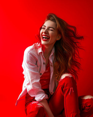 a woman in red jeans and a white shirt is laughingの素材