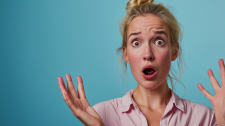 a woman is making a surprised face while holding her hands upの素材