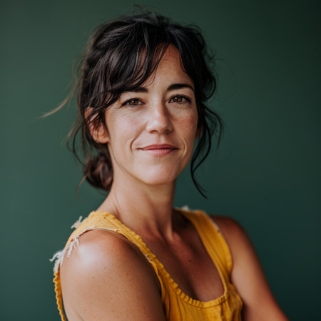 a woman in a yellow top poses for a portraitの素材