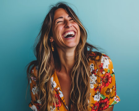 a woman laughing and smiling in front of a blue backgroundの素材