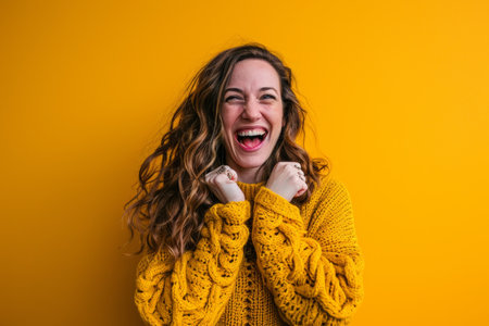 a woman in a yellow sweater is laughingの素材