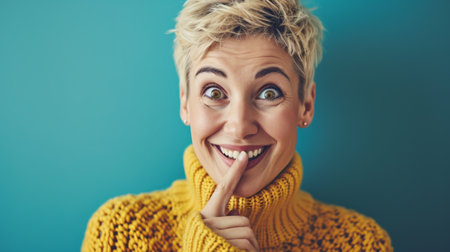 a woman in a yellow sweater is making a hush hush faceの素材