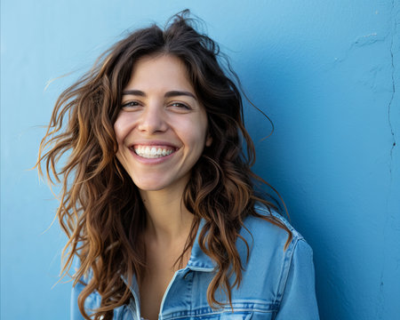 a smiling woman in a denim jacket standing in front of a blue wallの素材