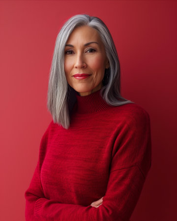 senior woman with grey hair and red sweater standing in front of red backgroundの素材