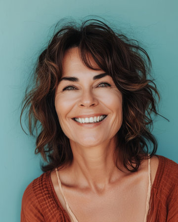smiling woman with curly hair on blue backgroundの素材