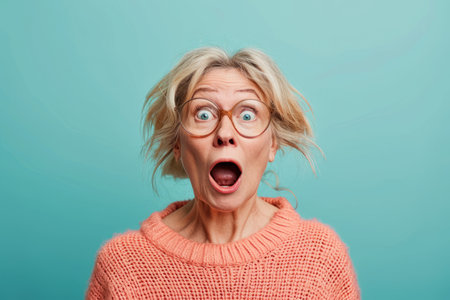 surprised woman with glasses and pink sweater on blue backgroundの素材