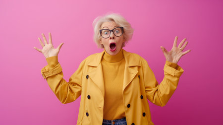 surprised old woman with glasses and yellow coat on pink backgroundの素材