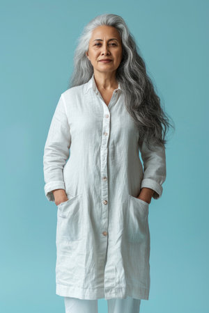 portrait of senior woman wearing white clothes on blue backgroundの素材