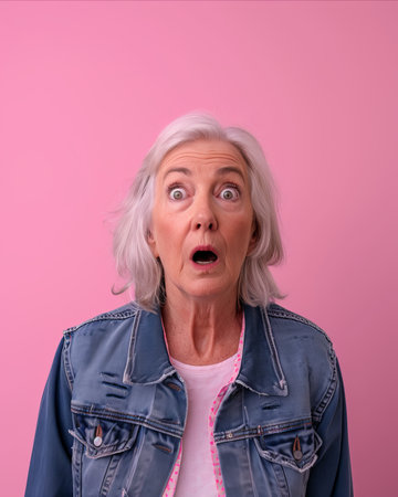 surprised senior woman on pink backgroundの素材
