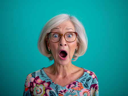 surprised senior woman with glasses on blue backgroundの素材