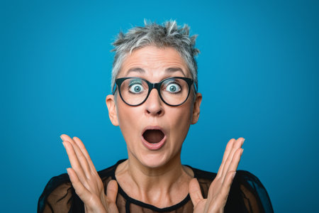 surprised woman with glasses on a blue backgroundの素材