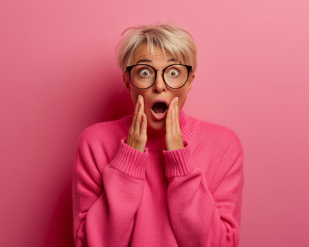 surprised woman in pink sweater and glasses on pink backgroundの素材