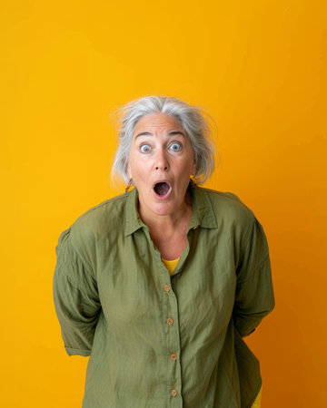 surprised senior woman on yellow backgroundの素材