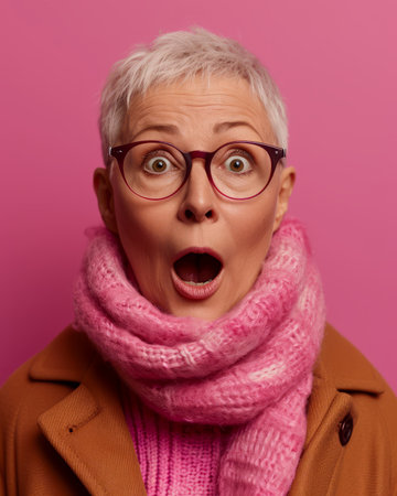surprised senior woman with glasses and pink scarf on pink backgroundの素材