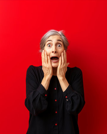 surprised senior woman on red background stock photoの素材