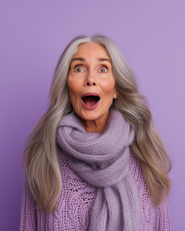 surprised senior woman in purple sweater and scarf on purple backgroundの素材