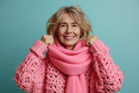 smiling woman in pink sweater and pink scarf on blue backgroundの素材