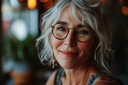 a woman with glasses smiling at the cameraの素材