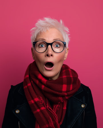 surprised woman with glasses and scarf on pink backgroundの素材