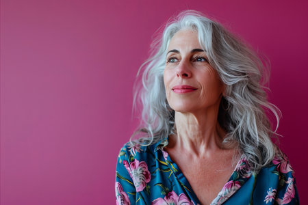 a woman with gray hair and a floral shirt against a pink wallの素材