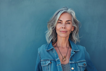 a woman with gray hair and a denim jacket standing in front of a blue wallの素材