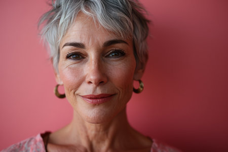a woman with gray hair and a pink backgroundの素材