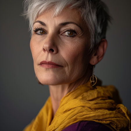 a woman with gray hair and a yellow scarfの素材