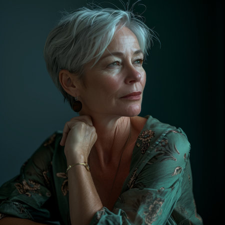 a woman with gray hair and a green shirtの素材