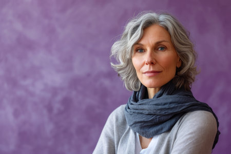 a woman with gray hair and a scarf standing against a purple wallの素材
