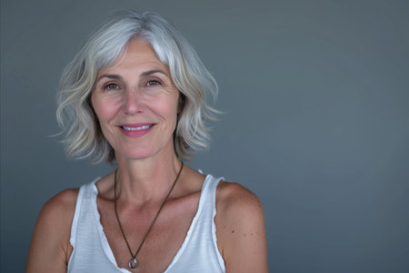 a woman with gray hair and a white tank topの素材