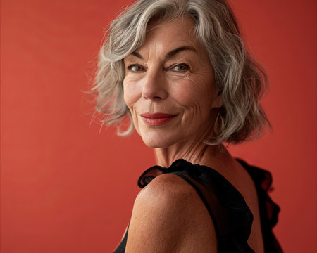 a woman with gray hair posing against a red backgroundの素材