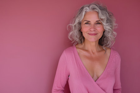 a woman with gray hair posing against a pink wallの素材