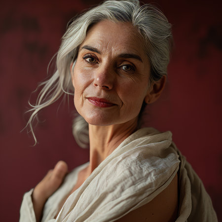a woman with gray hair posing for the cameraの素材