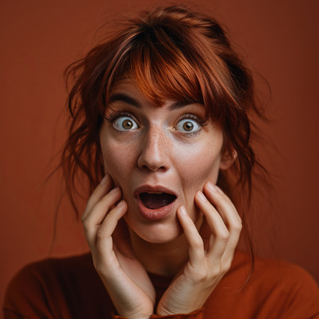 a woman with her hands on her face and a surprised look on her faceの素材